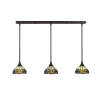 3 Light Linear Pendalier With Hang Straight Swivels Shown In Bronze Finish With 7 Roman Jewel Art Glass