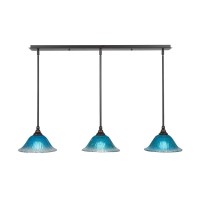 3 Light Linear Pendalier With Hang Straight Swivels Shown In Dark Granite Finish With 10 Teal Crystal Glass