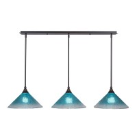 3 Light Linear Pendalier With Hang Straight Swivels Shown In Dark Granite Finish With 12 Teal Crystal Glass