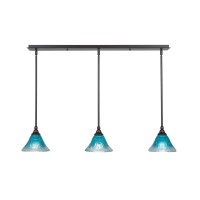 3 Light Linear Pendalier With Hang Straight Swivels Shown In Dark Granite Finish With 7 Teal Crystal Glass