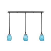 3 Light Linear Pendalier With Hang Straight Swivels Shown In Dark Granite Finish With 5 Turquoise Fusion Glass