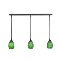 3 Light Linear Pendalier With Hang Straight Swivels Shown In Dark Granite Finish With 5 Green Fusion Glass