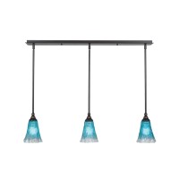 3 Light Linear Pendalier With Hang Straight Swivels Shown In Dark Granite Finish With 5.5 Teal Crystal Glass