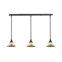 3 Light Linear Pendalier With Hang Straight Swivels Shown In Dark Granite Finish With 7 Green Sunray Art Glass