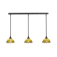 3 Light Linear Pendalier With Hang Straight Swivels Shown In Dark Granite Finish With 7 Amber Dragonfly Art Glass