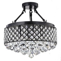 Edvivi Round Semi Flush Mount Crystal Chandelier, 4 Lights Glam Lighting Fixture With Antique Black Finish, Crystal Encrusted Drum Shade, Bedroom, Living Room, Girls Room, Closet