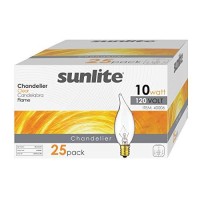 Sunlite 10Cfc/25/25Pk Flame Tip 10W Incandescent Petite Chandelier Light Bulb, Candelabra (E12) Base, Crystal Clear Bulb (25 Pack)