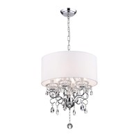 Edvivi Drum Crystal Chandelier Ceiling Fixture, 6 Lights Glam Lighting Fixture With Chrome Finish, Adjustable Ceiling Light Fixture With White Fabric Drum Shade, Living Room, Dining, Bedroom