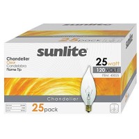 Sunlite 40025-Su Flame Tip Chandelier Light Bulbs, Clear, 25 Watts, Candelabra Base (E12), 120 Volt, Incandescent, Dimmable, 2600K Warm White, 25 Count