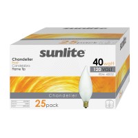 Sunlite 40032-Su Flame Tip Chandelier Light Bulbs, Frost, 40 Watts, Candelabra Base (E12), 120 Volt, Incandescent, Dimmable, 2600K Warm White, 25 Count