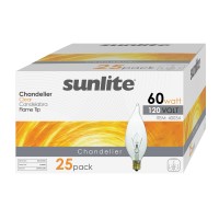 Sunlite 40034-Su Flame Tip Chandelier Light Bulbs, Clear, 60 Watts, Candelabra Base (E12), 120 Volt, Incandescent, Dimmable, 2600K Warm White, 25 Count