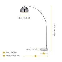 Teamson Home Arquer Real Marble Base Modern Led Arc Floor Lamp Tall Standing Hanging Light With Bell Shade For Living Room Reading Bedroom Home Office, 67 Inch Height, Chrome