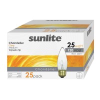 Sunlite 25 Watt Torpedo Tip Chandelier , Medium Base, Clear 25-Pack