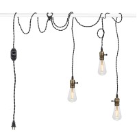 Vintage Pendant Light Kit Cord With Dimming Switch And Triple E26/E27 Industrial Light Socket Lamp Holder 25Ft Twisted Black Cloth Bulb Cord Plug In Hanging Light Fixture