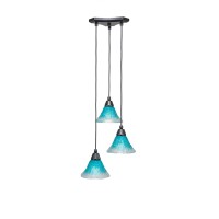 Europa 3 Light Cluster Pendalier Shown In Matte Black Finish With 7 Teal Crystal Glass