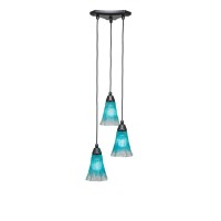 Europa 3 Light Cluster Pendalier Shown In Matte Black Finish With 5.5 Fluted Teal Crystal Glass