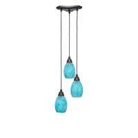 Europa 3 Light Cluster Pendalier Shown In Matte Black Finish With 5 Turquoise Fusion Glass