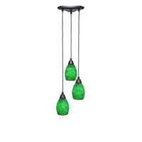 Europa 3 Light Cluster Pendalier Shown In Matte Black Finish With 5 Green Fusion Glass