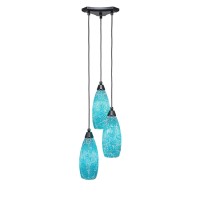 Europa 3 Light Cluster Pendalier Shown In Matte Black Finish With 5.5 Turquoise Fusion Glass