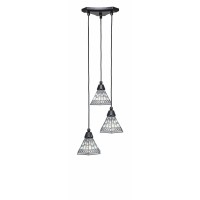 Europa 3 Light Cluster Pendalier Shown In Matte Black Finish With 7 Pewter Art Glass