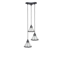 Europa 3 Light Cluster Pendalier Shown In Matte Black Finish With 7 Pearl & Black Flair Art Glass