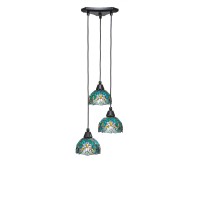 Europa 3 Light Cluster Pendalier Shown In Matte Black Finish With 7 Turquoise Cypress Art Glass