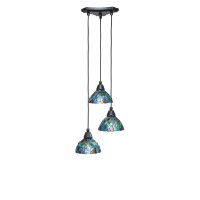 Europa 3 Light Cluster Pendalier Shown In Matte Black Finish With 7 Blue Mosaic Art Glass