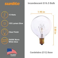 Sunlite 40148-Su G16.5 Globe Light Bulbs 15 Watts, Candelabra Base (E12), 120 Volt, Clear, Incandescent, Dimmable, 12 Count, 2600K Warm White