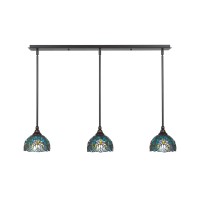 3 Light Linear Pendalier With Hang Straight Swivels Shown In Dark Granite Finish With 7 Turquoise Cypress Art Glass