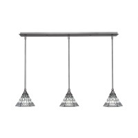 3 Light Linear Pendalier With Hang Straight Swivels Shown In Brushed Nickel Finish With 7 Pewter Art Glass