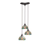 Europa 3 Light Cluster Pendalier Shown In Dark Granite Finish With 7 Kaleidoscope Art Glass