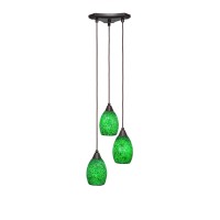 Europa 3 Light Cluster Pendalier Shown In Dark Granite Finish With 5 Green Fusion Glass