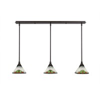 3 Light Linear Pendalier With Hang Straight Swivels Shown In Bronze Finish With 7 Green Sunray Art Glass