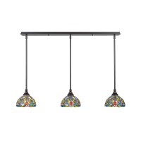 3 Light Linear Pendalier With Hang Straight Swivels Shown In Dark Granite Finish With 7 Kaleidoscope Art Glass