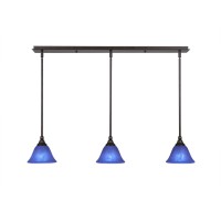 3 Light Linear Pendalier With Hang Straight Swivels Shown In Bronze Finish With 7 Blue Italian Glass