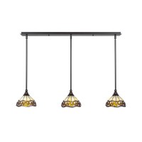 3 Light Linear Pendalier With Hang Straight Swivels Shown In Dark Granite Finish With 7 Roman Jewel Art Glass