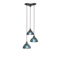 Europa 3 Light Cluster Pendalier Shown In Dark Granite Finish With 7 Blue Mosaic Art Glass