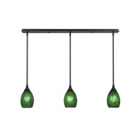 3 Light Linear Pendalier With Hang Straight Swivels Shown In Bronze Finish With 5 Green Fusion Glass