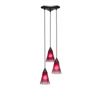 Europa 3 Light Cluster Pendalier Shown In Dark Granite Finish With 5.5 Fluted Raspberry Crystal Glass