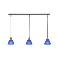 3 Light Linear Pendalier With Hang Straight Swivels Shown In Brushed Nickel Finish With 7 Blue Italian Glass