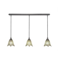 3 Light Linear Pendalier With Hang Straight Swivels Shown In Brushed Nickel Finish With 7 Vanilla Leaf Glass