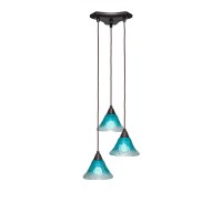 Europa 3 Light Cluster Pendalier Shown In Dark Granite Finish With 7 Teal Crystal Glass