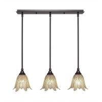 3 Light Linear Pendalier With Hang Straight Swivels Shown In Dark Granite Finish With 7 Vanilla Leaf Glass