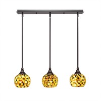 3 Light Linear Pendalier With Hang Straight Swivels Shown In Dark Granite Finish With 6 Sea Mist Seashell Glass