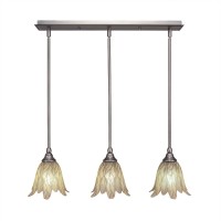 3 Light Linear Pendalier With Hang Straight Swivels Shown In Brushed Nickel Finish With 7 Vanilla Leaf Glass