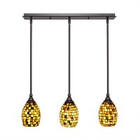 3 Light Linear Pendalier With Hang Straight Swivels Shown In Dark Granite Finish With 5 Sea Haze Seashell Glass