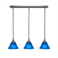 3 Light Linear Pendalier With Hang Straight Swivels Shown In Brushed Nickel Finish With 7 Blue Italian Glass