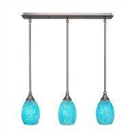 3 Light Linear Pendalier With Hang Straight Swivels Shown In Brushed Nickel Finish With 5 Turquoise Fusion Glass