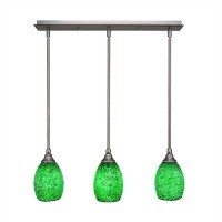 3 Light Linear Pendalier With Hang Straight Swivels Shown In Brushed Nickel Finish With 5 Green Fusion Glass