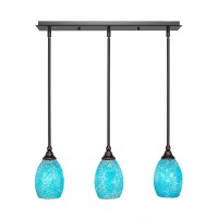 3 Light Linear Pendalier With Hang Straight Swivels Shown In Dark Granite Finish With 5 Turquoise Fusion Glass